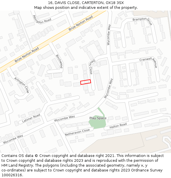 16, DAVIS CLOSE, CARTERTON, OX18 3SX: Location map and indicative extent of plot