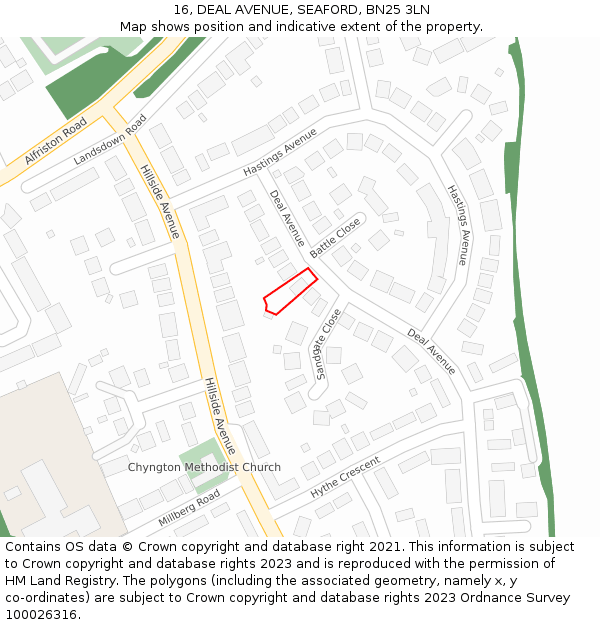 16, DEAL AVENUE, SEAFORD, BN25 3LN: Location map and indicative extent of plot