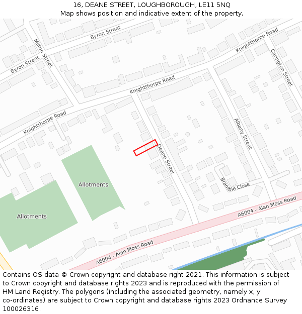 16, DEANE STREET, LOUGHBOROUGH, LE11 5NQ: Location map and indicative extent of plot