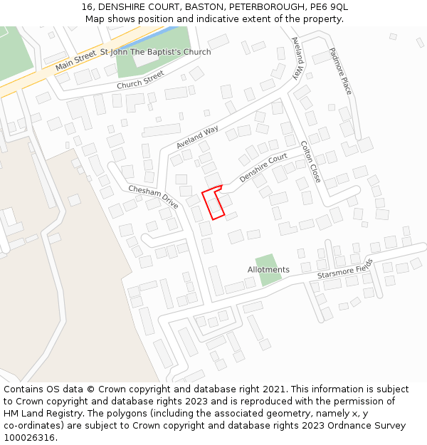 16, DENSHIRE COURT, BASTON, PETERBOROUGH, PE6 9QL: Location map and indicative extent of plot