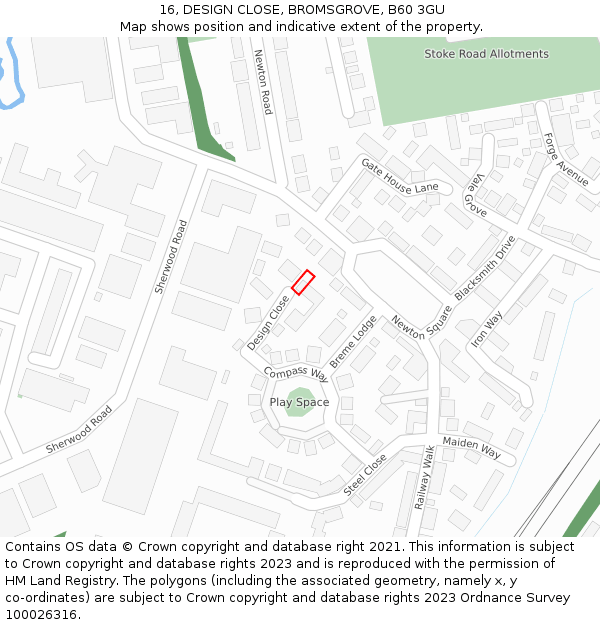 16, DESIGN CLOSE, BROMSGROVE, B60 3GU: Location map and indicative extent of plot