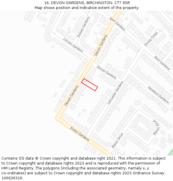 16, DEVON GARDENS, BIRCHINGTON, CT7 9SR: Location map and indicative extent of plot