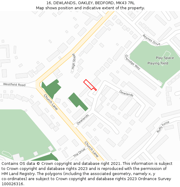 16, DEWLANDS, OAKLEY, BEDFORD, MK43 7RL: Location map and indicative extent of plot