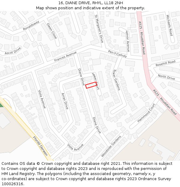 16, DIANE DRIVE, RHYL, LL18 2NH: Location map and indicative extent of plot