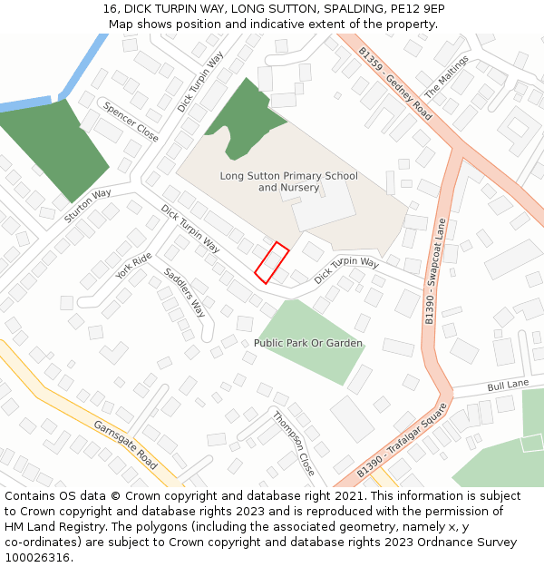 16, DICK TURPIN WAY, LONG SUTTON, SPALDING, PE12 9EP: Location map and indicative extent of plot
