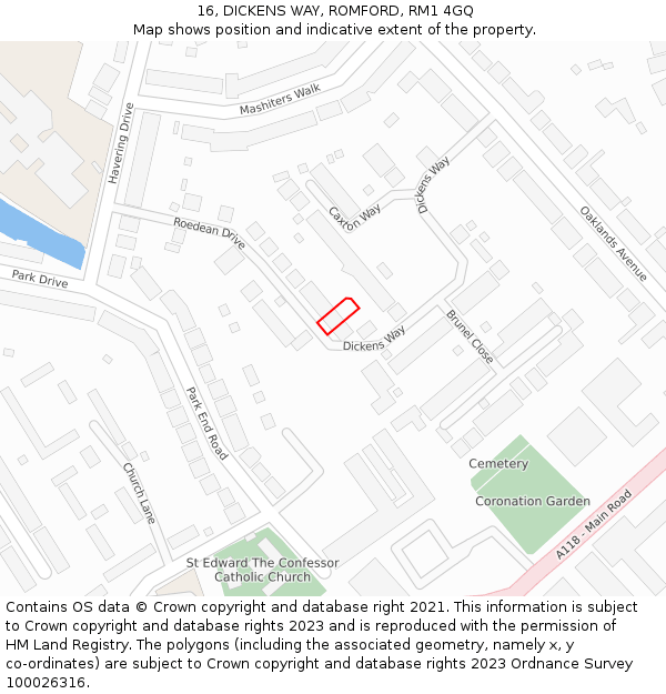 16, DICKENS WAY, ROMFORD, RM1 4GQ: Location map and indicative extent of plot