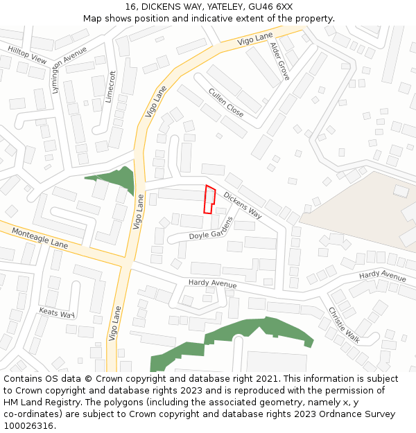 16, DICKENS WAY, YATELEY, GU46 6XX: Location map and indicative extent of plot
