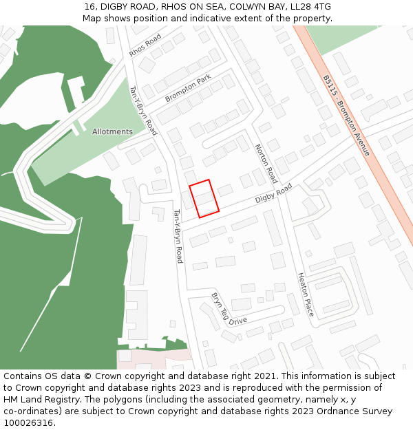 16, DIGBY ROAD, RHOS ON SEA, COLWYN BAY, LL28 4TG: Location map and indicative extent of plot