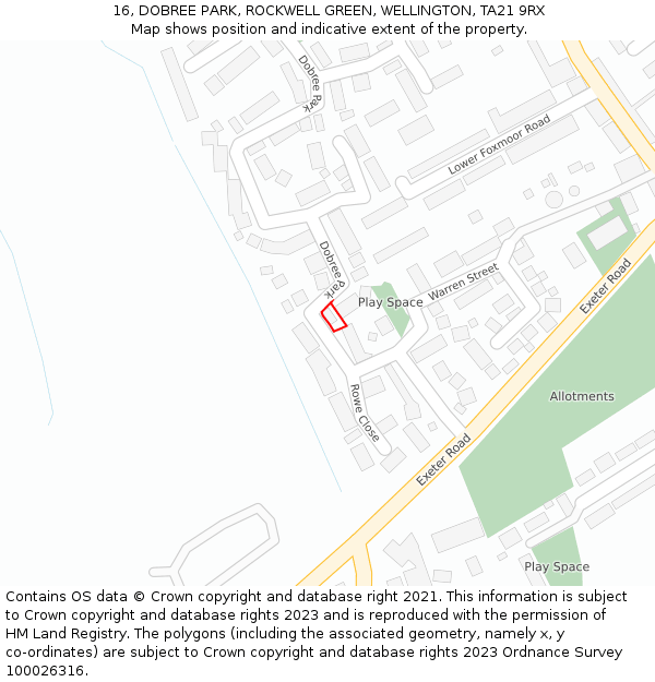 16, DOBREE PARK, ROCKWELL GREEN, WELLINGTON, TA21 9RX: Location map and indicative extent of plot