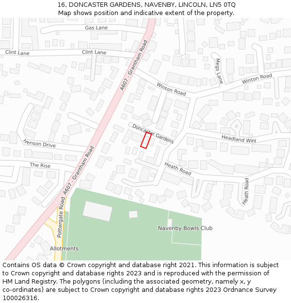 16, DONCASTER GARDENS, NAVENBY, LINCOLN, LN5 0TQ: Location map and indicative extent of plot