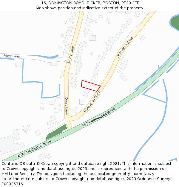 16, DONINGTON ROAD, BICKER, BOSTON, PE20 3EF: Location map and indicative extent of plot