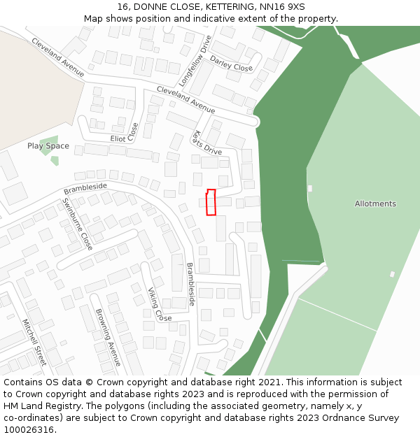 16, DONNE CLOSE, KETTERING, NN16 9XS: Location map and indicative extent of plot