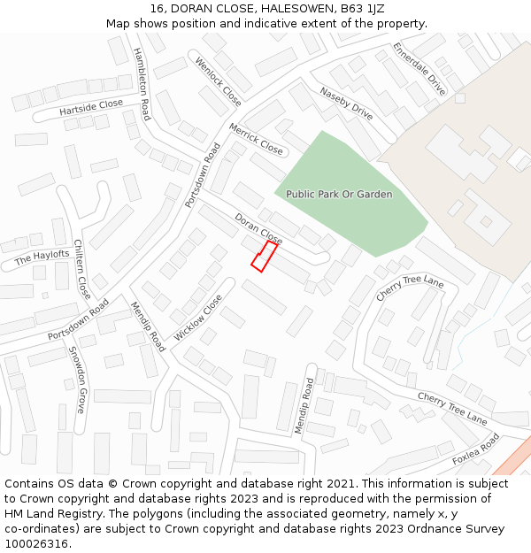 16, DORAN CLOSE, HALESOWEN, B63 1JZ: Location map and indicative extent of plot