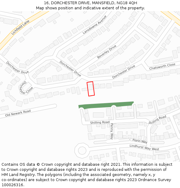 16, DORCHESTER DRIVE, MANSFIELD, NG18 4QH: Location map and indicative extent of plot