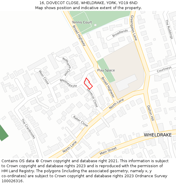 16, DOVECOT CLOSE, WHELDRAKE, YORK, YO19 6ND: Location map and indicative extent of plot