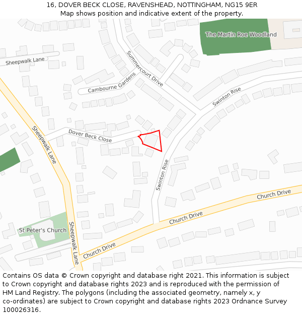 16, DOVER BECK CLOSE, RAVENSHEAD, NOTTINGHAM, NG15 9ER: Location map and indicative extent of plot