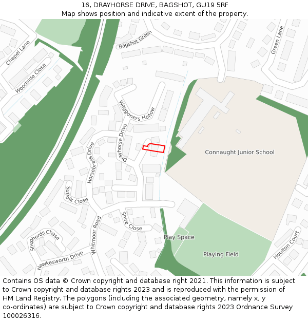 16, DRAYHORSE DRIVE, BAGSHOT, GU19 5RF: Location map and indicative extent of plot