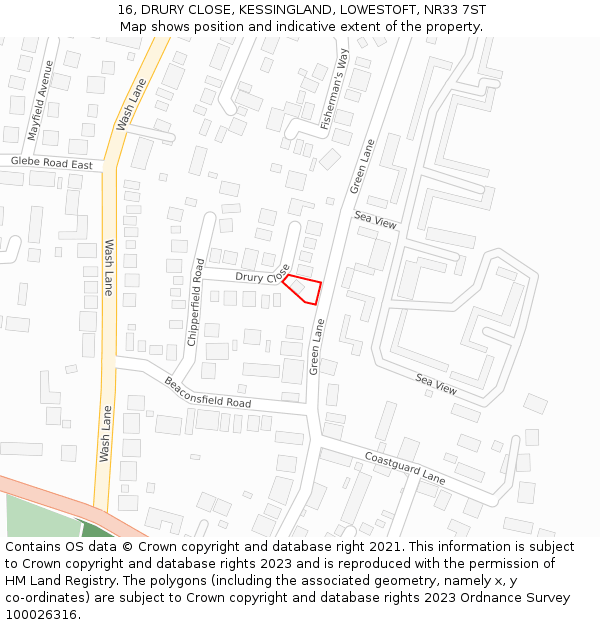 16, DRURY CLOSE, KESSINGLAND, LOWESTOFT, NR33 7ST: Location map and indicative extent of plot