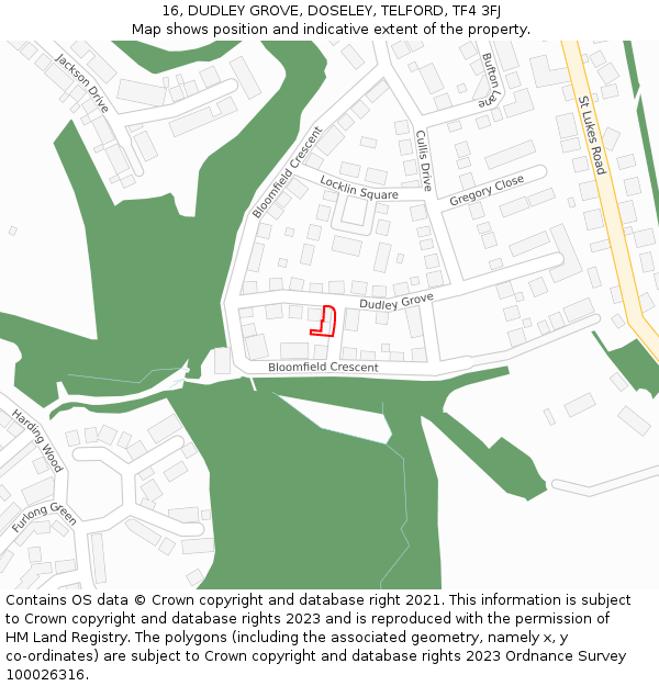16, DUDLEY GROVE, DOSELEY, TELFORD, TF4 3FJ: Location map and indicative extent of plot