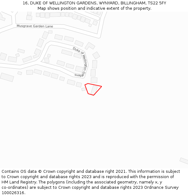 16, DUKE OF WELLINGTON GARDENS, WYNYARD, BILLINGHAM, TS22 5FY: Location map and indicative extent of plot