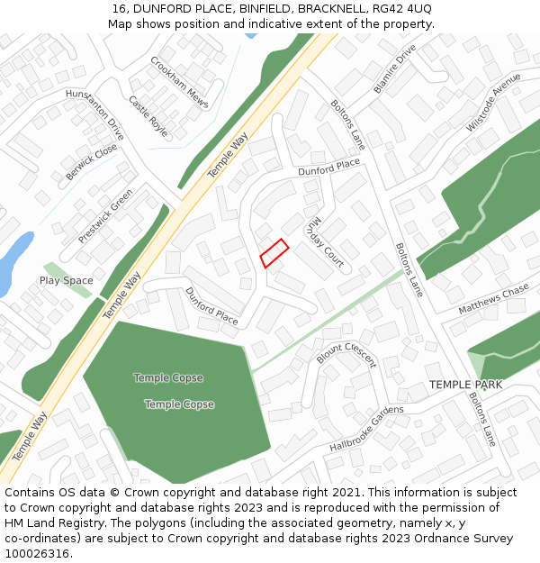 16, DUNFORD PLACE, BINFIELD, BRACKNELL, RG42 4UQ: Location map and indicative extent of plot