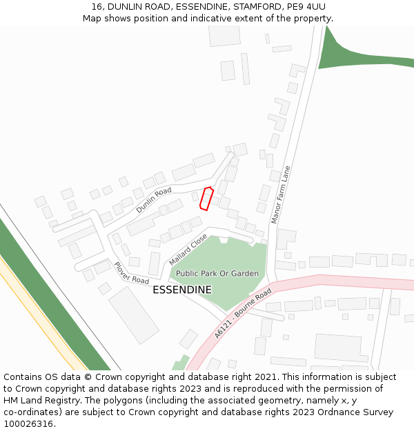 16, DUNLIN ROAD, ESSENDINE, STAMFORD, PE9 4UU: Location map and indicative extent of plot