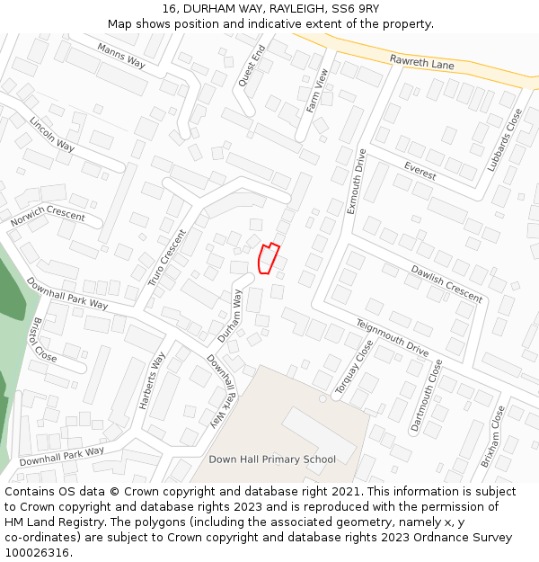 16, DURHAM WAY, RAYLEIGH, SS6 9RY: Location map and indicative extent of plot