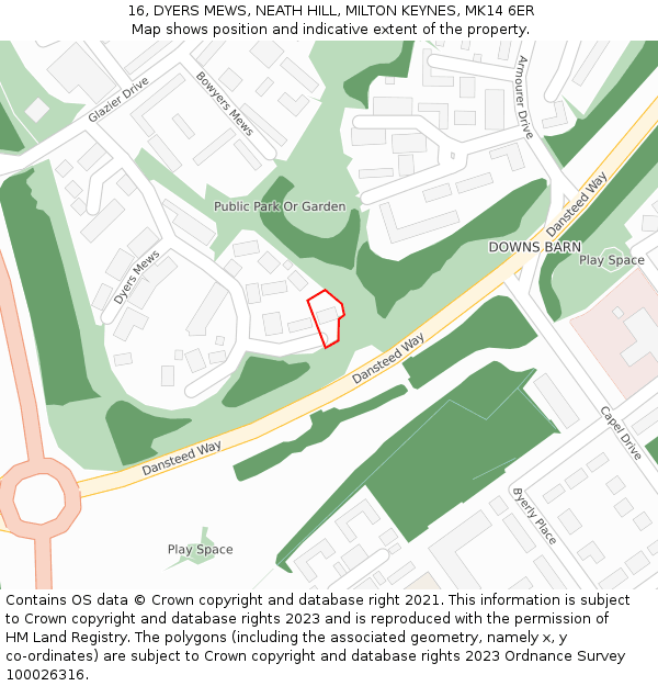 16, DYERS MEWS, NEATH HILL, MILTON KEYNES, MK14 6ER: Location map and indicative extent of plot