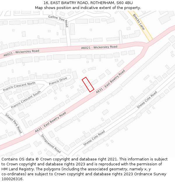 16, EAST BAWTRY ROAD, ROTHERHAM, S60 4BU: Location map and indicative extent of plot