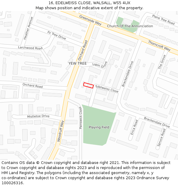 16, EDELWEISS CLOSE, WALSALL, WS5 4UX: Location map and indicative extent of plot