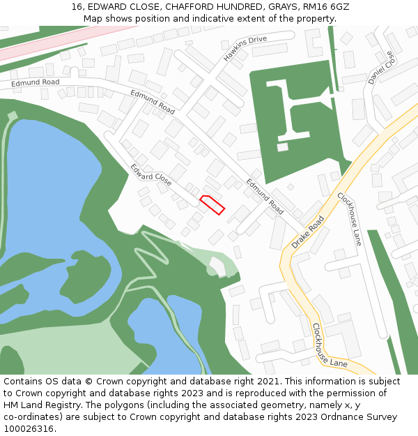 16, EDWARD CLOSE, CHAFFORD HUNDRED, GRAYS, RM16 6GZ: Location map and indicative extent of plot