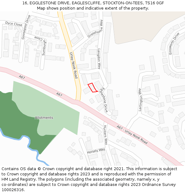 16, EGGLESTONE DRIVE, EAGLESCLIFFE, STOCKTON-ON-TEES, TS16 0GF: Location map and indicative extent of plot