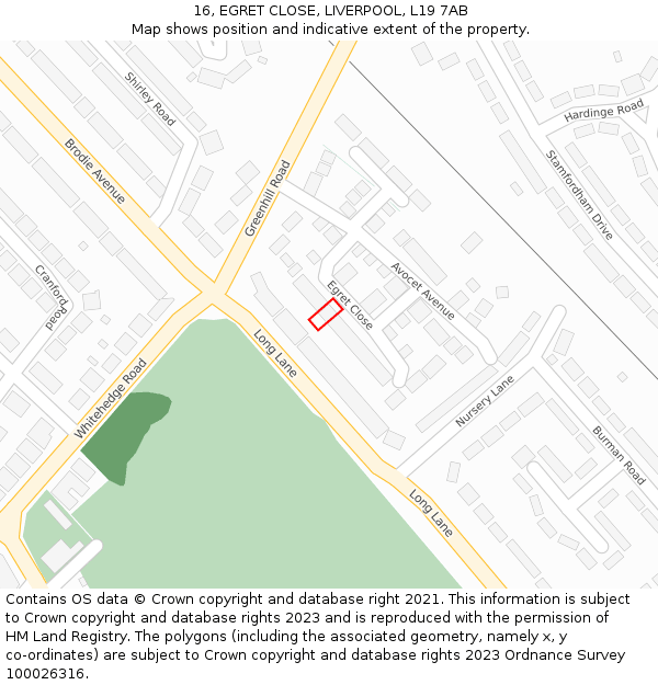 16, EGRET CLOSE, LIVERPOOL, L19 7AB: Location map and indicative extent of plot