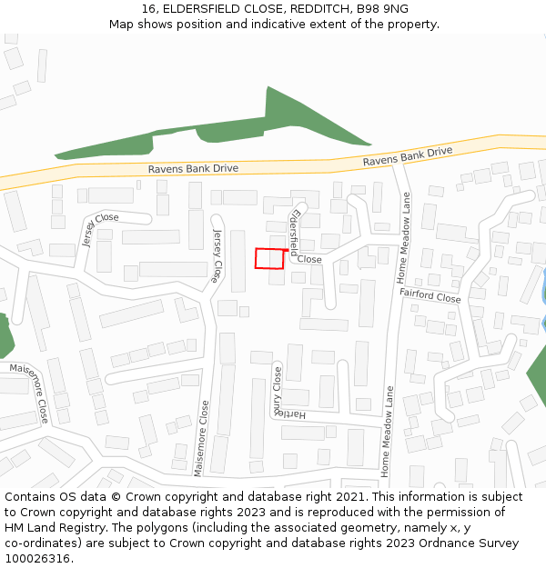 16, ELDERSFIELD CLOSE, REDDITCH, B98 9NG: Location map and indicative extent of plot