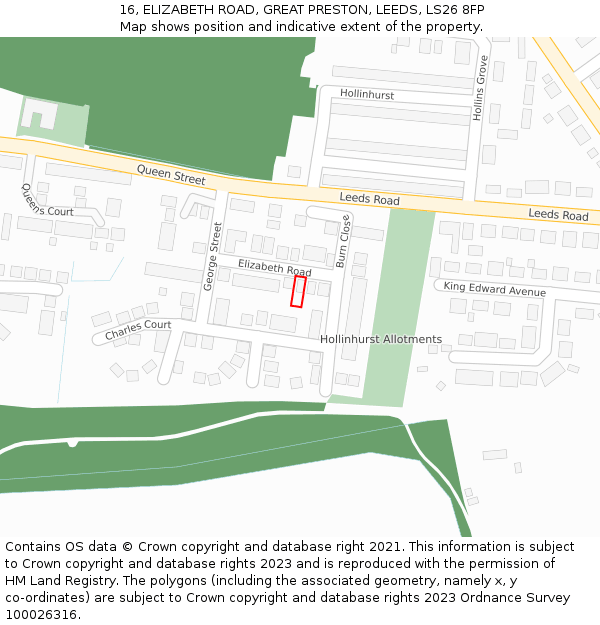 16, ELIZABETH ROAD, GREAT PRESTON, LEEDS, LS26 8FP: Location map and indicative extent of plot
