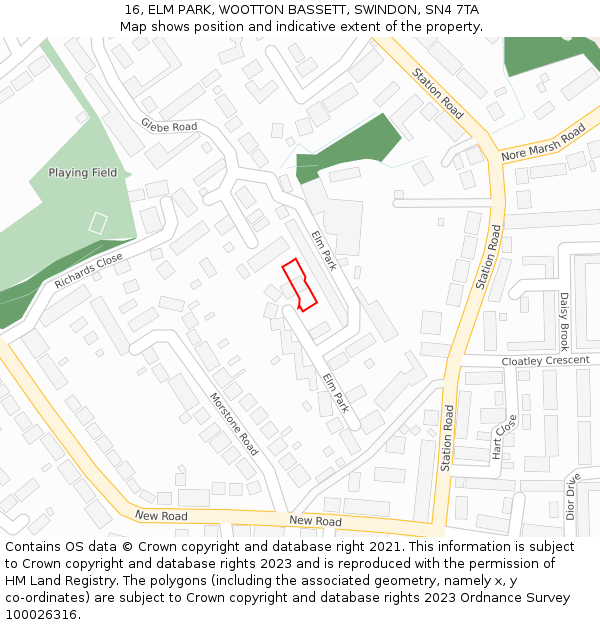 16, ELM PARK, WOOTTON BASSETT, SWINDON, SN4 7TA: Location map and indicative extent of plot