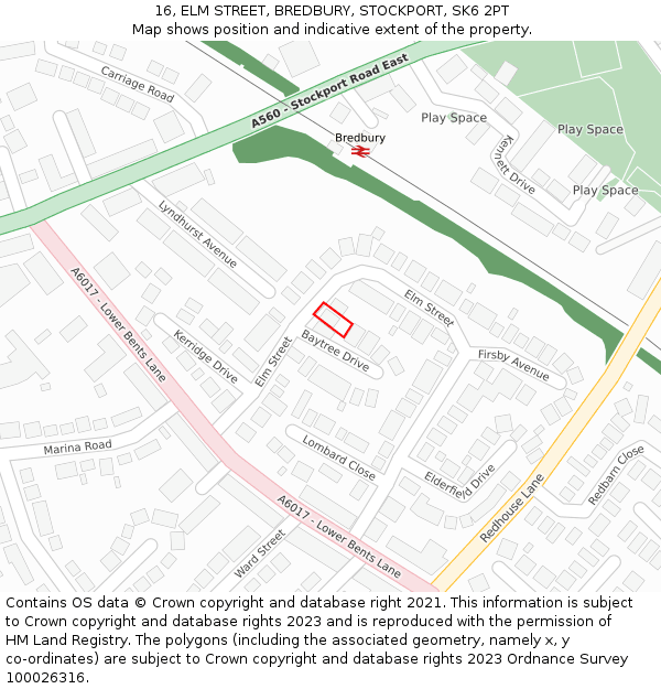 16, ELM STREET, BREDBURY, STOCKPORT, SK6 2PT: Location map and indicative extent of plot