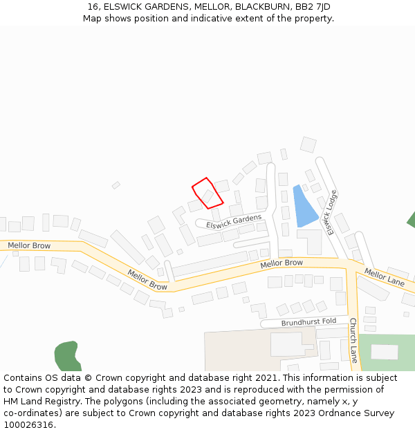 16, ELSWICK GARDENS, MELLOR, BLACKBURN, BB2 7JD: Location map and indicative extent of plot