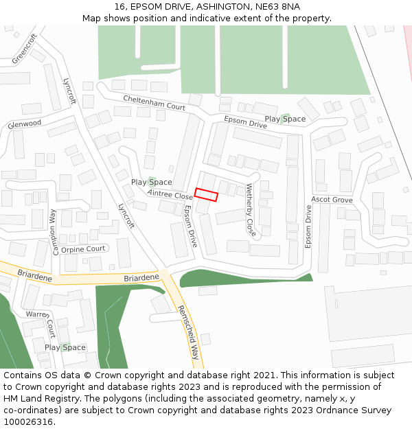 16, EPSOM DRIVE, ASHINGTON, NE63 8NA: Location map and indicative extent of plot