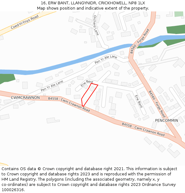 16, ERW BANT, LLANGYNIDR, CRICKHOWELL, NP8 1LX: Location map and indicative extent of plot