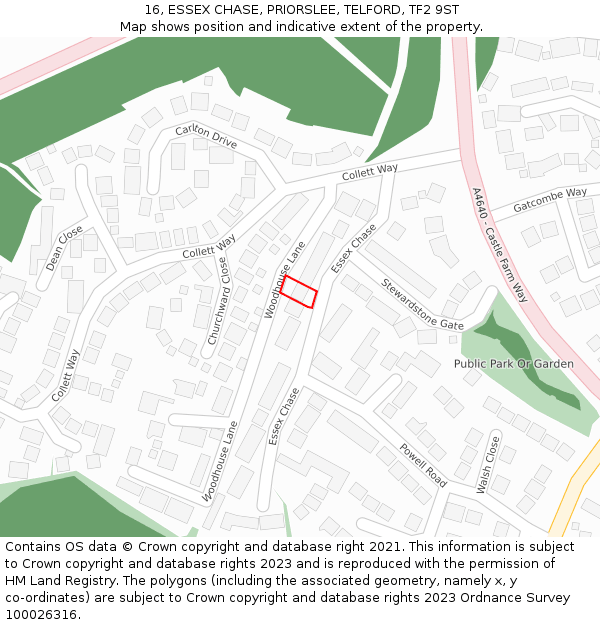 16, ESSEX CHASE, PRIORSLEE, TELFORD, TF2 9ST: Location map and indicative extent of plot