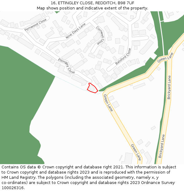 16, ETTINGLEY CLOSE, REDDITCH, B98 7UF: Location map and indicative extent of plot