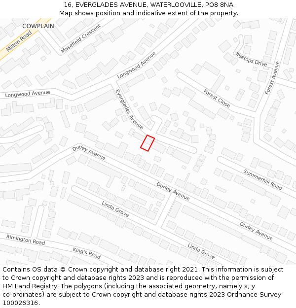 16, EVERGLADES AVENUE, WATERLOOVILLE, PO8 8NA: Location map and indicative extent of plot