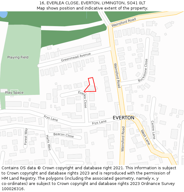 16, EVERLEA CLOSE, EVERTON, LYMINGTON, SO41 0LT: Location map and indicative extent of plot