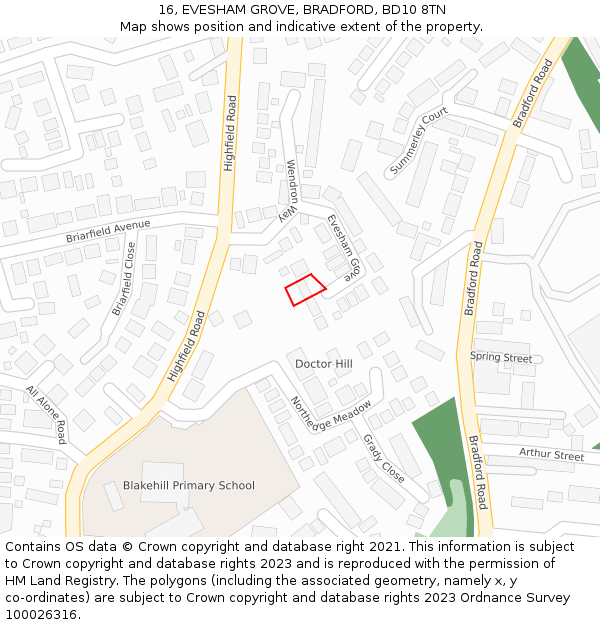 16, EVESHAM GROVE, BRADFORD, BD10 8TN: Location map and indicative extent of plot