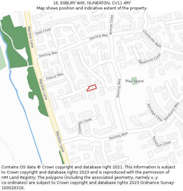 16, EXBURY WAY, NUNEATON, CV11 4RY: Location map and indicative extent of plot