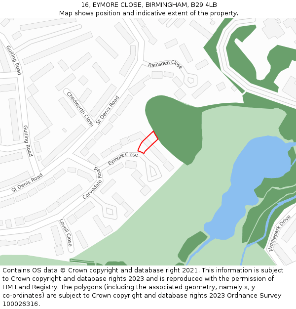 16, EYMORE CLOSE, BIRMINGHAM, B29 4LB: Location map and indicative extent of plot