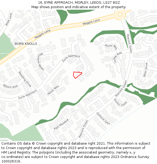 16, EYRIE APPROACH, MORLEY, LEEDS, LS27 8GZ: Location map and indicative extent of plot