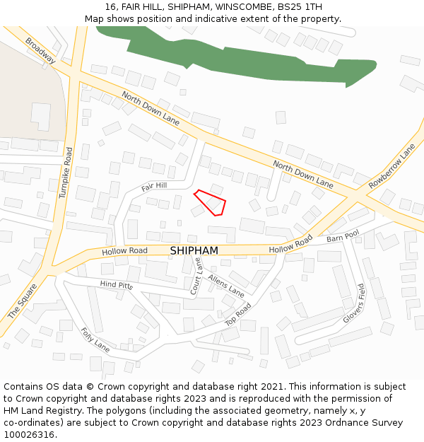 16, FAIR HILL, SHIPHAM, WINSCOMBE, BS25 1TH: Location map and indicative extent of plot
