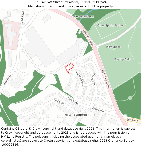 16, FAIRFAX GROVE, YEADON, LEEDS, LS19 7WA: Location map and indicative extent of plot